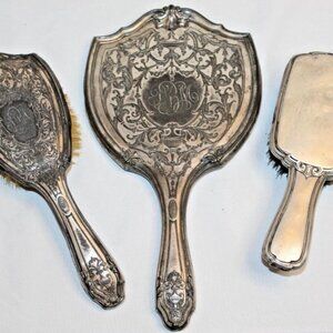 Vanity Hairbrush & Mirror Silver Plate Art Nouveau Repousse w Monogram+Lintbrush